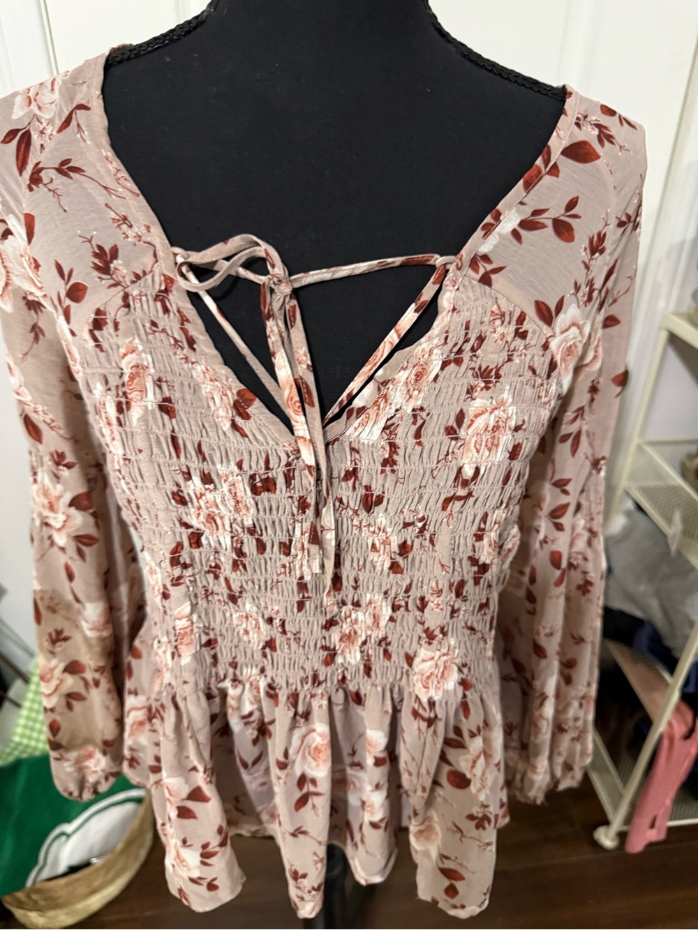 American Eagle Outfitters Blush Pink Floral Smocked Peasant Blouse